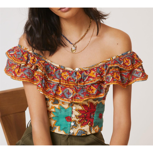Rachel Zoe Crop Top Womens XS Off The Shoulder Ruffle Button Boho Peasant Beach - Picture 1 of 12